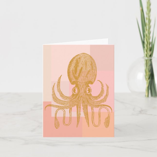 Tarjeta Ilustracion de pulpo puro en rosa y oro (Anverso)