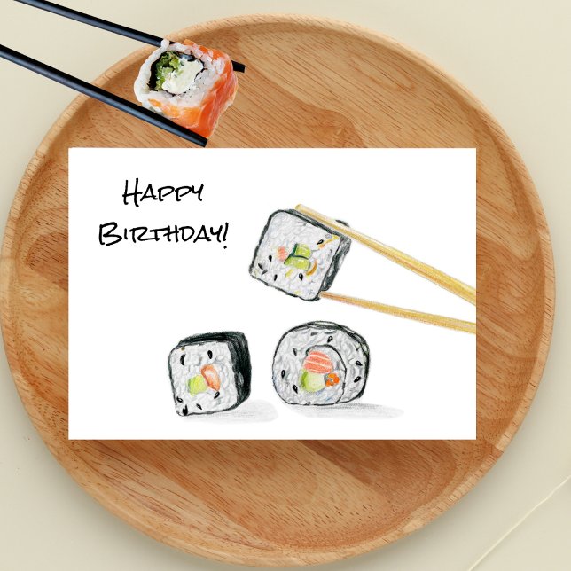 Tarjeta Ilustración de rollos de sushi de cumpleaños (Celebrate with a splash of color! Our Sushi Colored Pencil Drawing Birthday Card.)