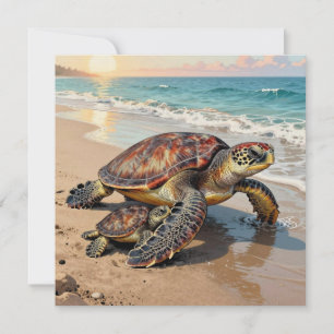 Tarjeta Ilustración de Tortuga Marina y Bebé En Blanco
