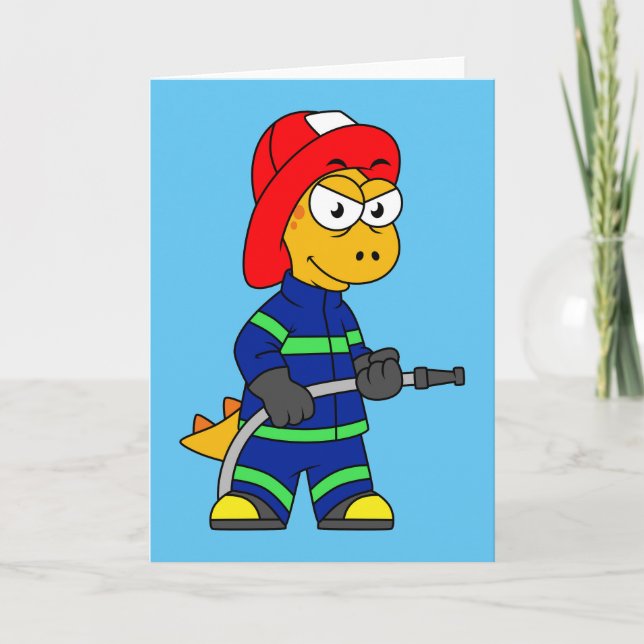 Tarjeta Ilustracion De Un Bombero De Tirano Rex. (Anverso)