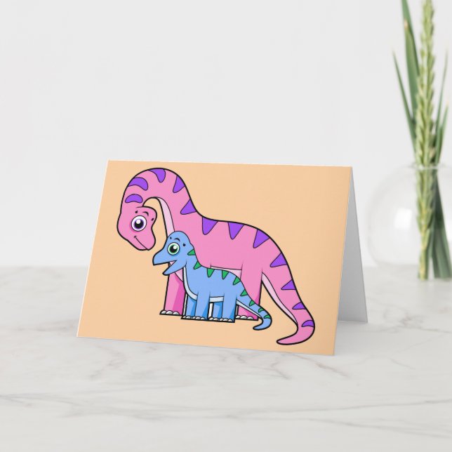 Tarjeta Ilustracion De Un Brachiosaurio Madre E Hijo. (Anverso)