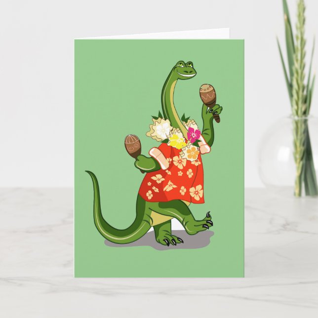 Tarjeta Ilustracion De Un Brontosauro Tocando Maracas. (Anverso)