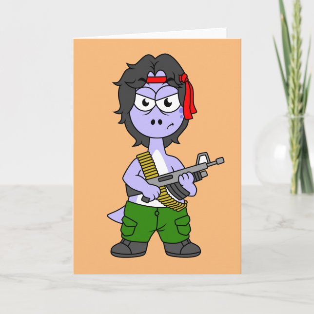 Tarjeta Ilustracion De Un Brontosauro Vestido Como Rambo. (Anverso)