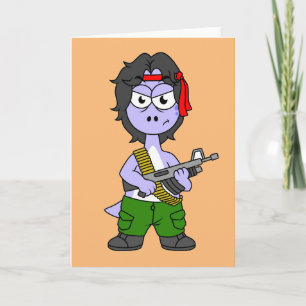 Tarjeta Ilustracion De Un Brontosauro Vestido Como Rambo.