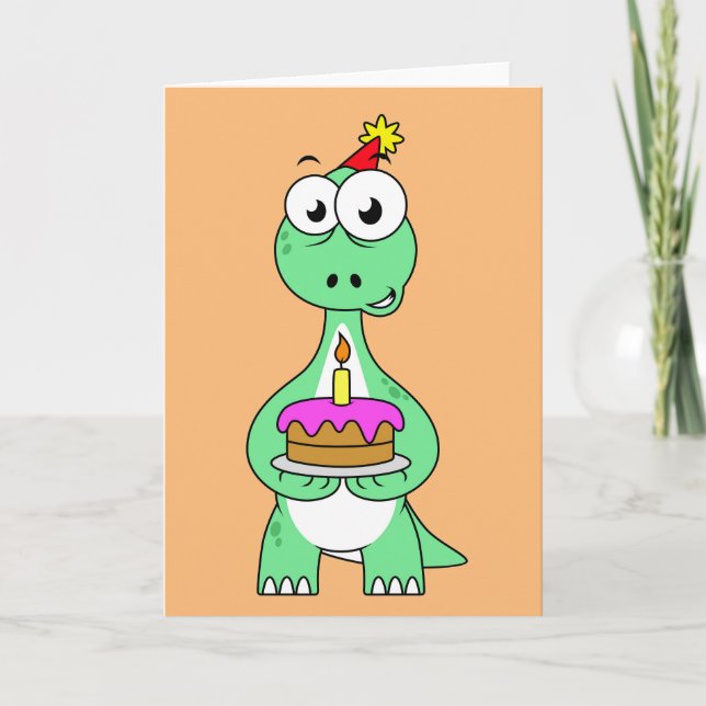 Tarjeta Ilustración de un Brontosaurus con pastel de cumpl (Anverso)