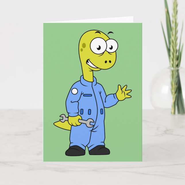 Tarjeta Ilustracion De Un Mecánico De Brontosauro. (Anverso)