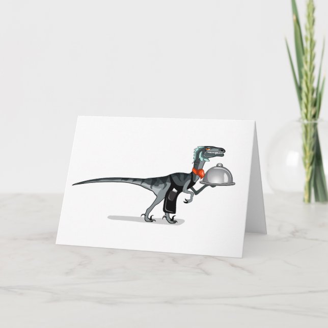 Tarjeta Ilustracion De Un Mozo De Comida Raptor. (Anverso)