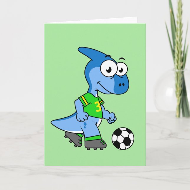 Tarjeta Ilustracion De Un Parasaurolophus Jugando Fútbol. (Anverso)