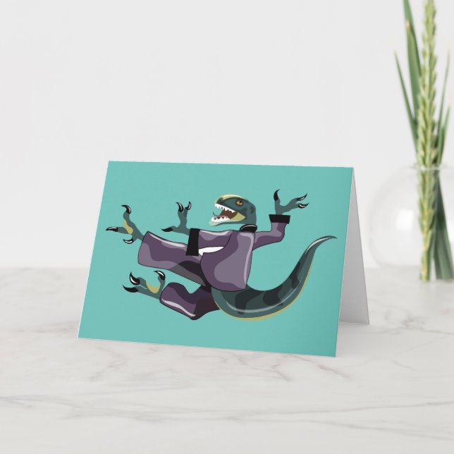 Tarjeta Ilustracion De Un Raptor Que Realiza Karate. (Anverso)