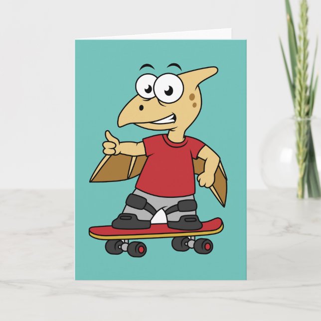 Tarjeta Ilustracion De Un Skateboarding De Pterosaur. (Anverso)