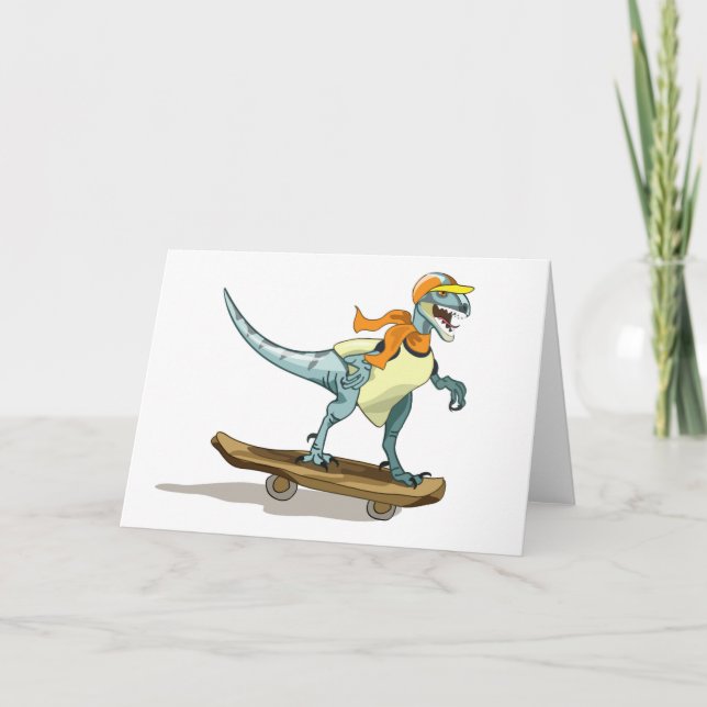 Tarjeta Ilustracion De Un Skateboarding Raptor. (Anverso)