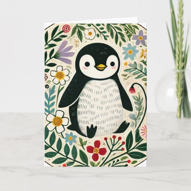 Tarjeta Ilustracion de Wildflower Penguin Lovers (Anverso)