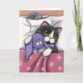 Tarjeta Ilustracion del conejito del gato y del juguete