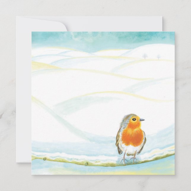 Tarjeta Ilustracion del paisaje invernal blanco con Robin (Anverso)