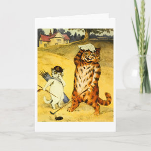 Tarjeta Ilustración divertida de gato y caddie de golf vin