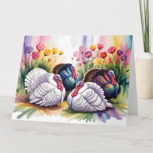 Tarjeta Ilustración en Acuarela Colorida de Pavos