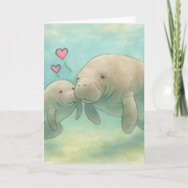 Tarjeta Ilustración en acuarela de manatí madre y bebé – 