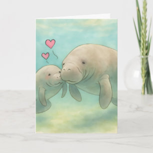 Tarjeta Ilustración en acuarela de manatí madre y bebé –