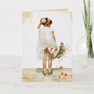 Tarjeta Ilustración en acuarela de niña con flores