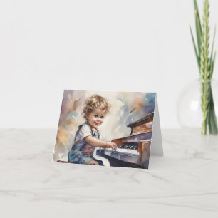 Tarjeta Ilustración en acuarela de piano para niño en blan