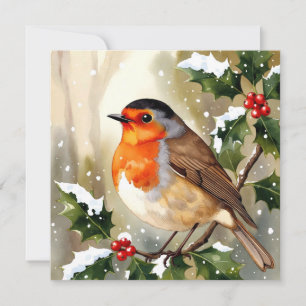 Tarjeta Ilustración en Acuarela de Robin Navideño Acogedor