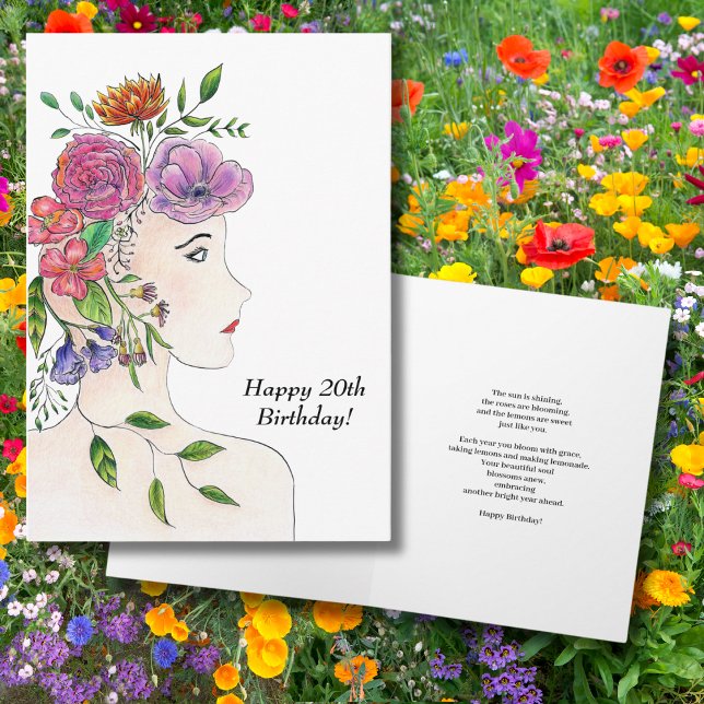 Tarjeta Ilustracion feliz 20 de cumpleaños de mujeres flor (Hello 20! 🌸 A sweet floral card for her milestone birthday.)