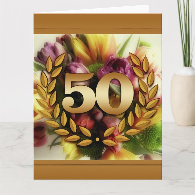Tarjeta Ilustración floral de aniversario número 50 con ma (Anverso)