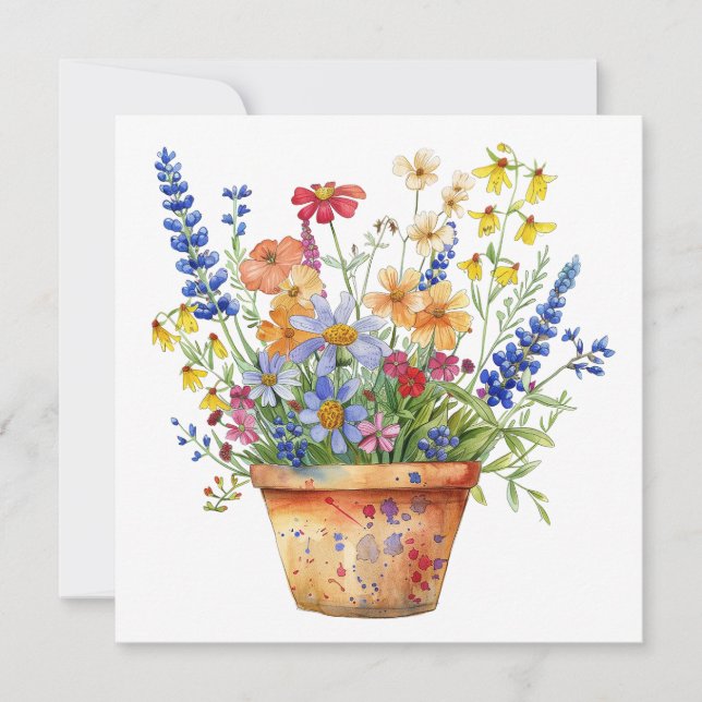 Tarjeta Ilustración floral de flores caprichosas en maceta (Anverso)