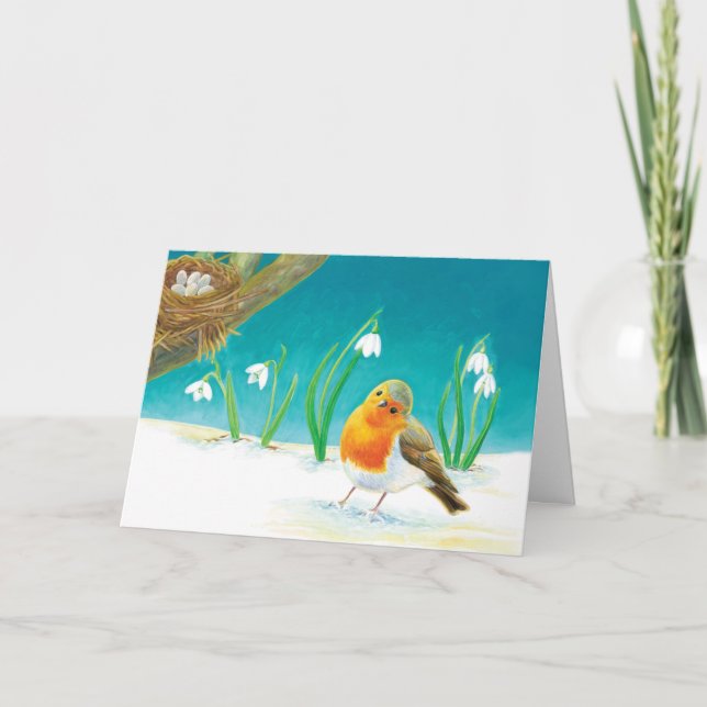 Tarjeta Ilustracion Red Robin Bird & Spring Snowdrop (Anverso)