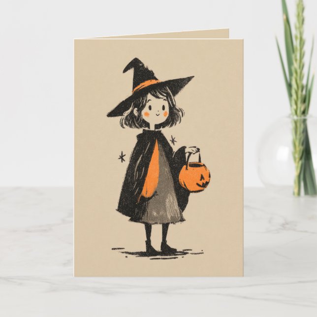 Tarjeta Ilustracion retro de brujas espeluznante Halloween (Anverso)