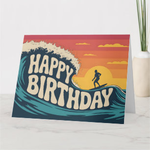 Tarjeta Ilustración Retro Surf Tema "Feliz Cumpleaños"