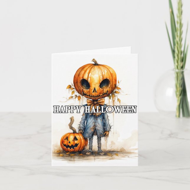 Tarjeta Ilustracion Scarecrow de calabaza | Feliz Hallowee (Anverso)