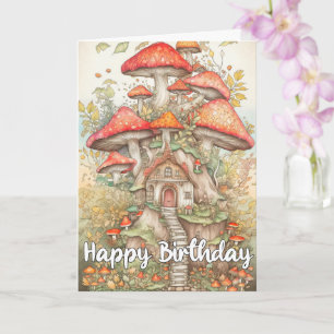Tarjeta Ilustración Única de Pueblo de Hongos en el Bosque