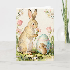 Tarjeta Ilustración Vintage de Familia de Conejo de Pascua