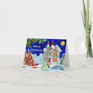 Tarjeta Ilustración vintage de pueblo invernal en Navidad