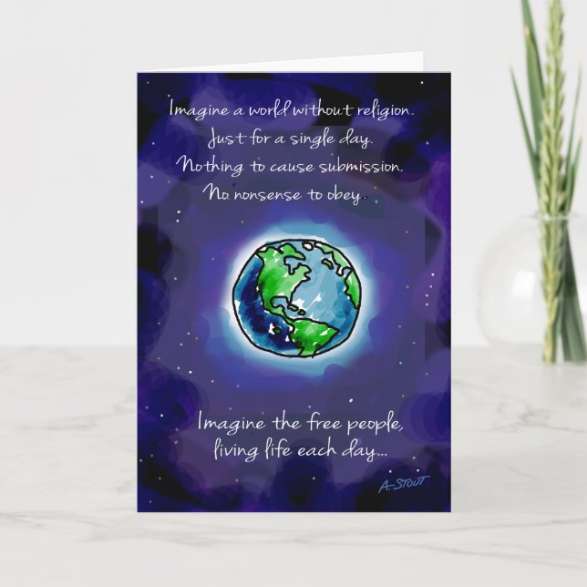 Tarjeta Imaginen un mundo sin religión (Anverso)