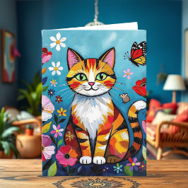 Tarjeta Impasto Cat, Flowers & Butterfly Birthday