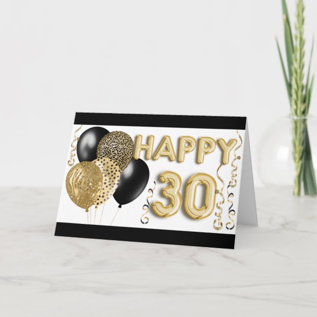 Tarjeta Impresión animal y globos de oro Felices 30 años (Anverso)