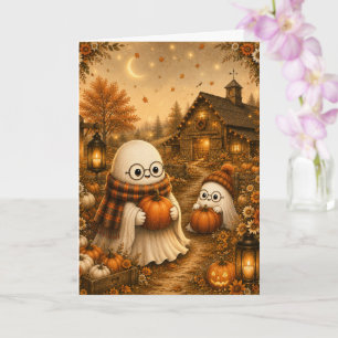 Tarjeta Impresión de arte de calabaza con fantasma lindo