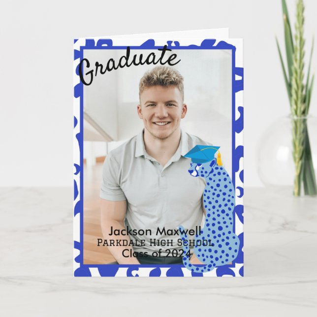 Tarjeta Impresión de leopardo azul de la foto de graduació (Anverso)
