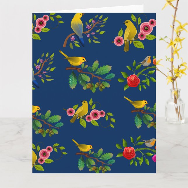Tarjeta Impresión de pájaros florales azules (flor amarilla)