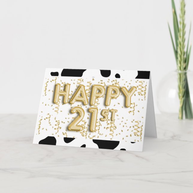 Tarjeta Impresión de vacas y globos de oro Felices 21 cump (Anverso)