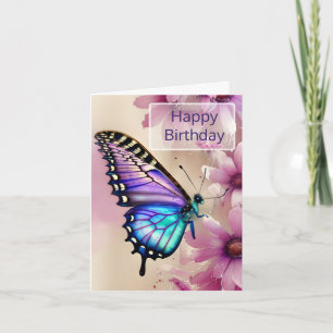 Tarjeta Impresionante mariposa azul y flores rosadas