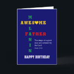 Tarjeta Impresionante Melanin Padre Cristiano Feliz Cumple<br><div class="desc">Tarjeta de cumpleaños simple, minimalista y elegante para el padre MELANIN, con un texto principal que lee a un padre MELANIN AWESOME mostrado como crucigrama en tipografía roja, amarilla y verde, con un fondo negro rico. La O para AWESOME está representada por un corazón. Debajo hay una cita inspiradora, LOS...</div>