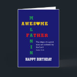 Tarjeta Impresionante Melanin Padre Cristiano Feliz Cumple<br><div class="desc">Tarjeta de cumpleaños simple, minimalista y elegante para el padre MELANIN, con un texto principal que lee a un padre MELANIN AWESOME mostrado como crucigrama en tipografía roja, amarilla y verde, con un fondo negro rico. La O para AWESOME está representada por un corazón. Debajo hay una cita inspiradora, LOS...</div>