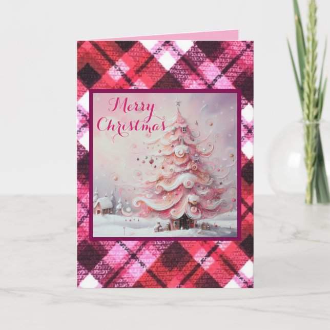 Tarjeta Impresionante y caprichoso árbol de Navidad rosa (Anverso)