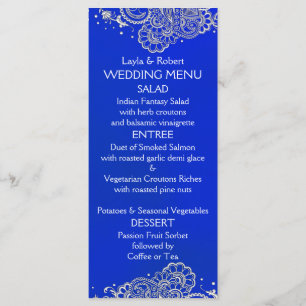Tarjeta india del menú de la boda de la plata del