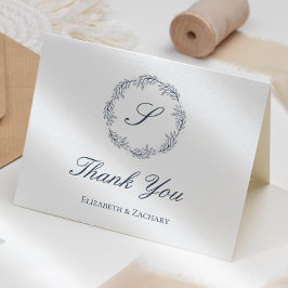 Tarjeta Indigo Blue Monogram Wreath Boda Gracias