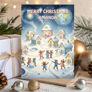 Tarjeta infantil de la aldea de Navidad en la Luna