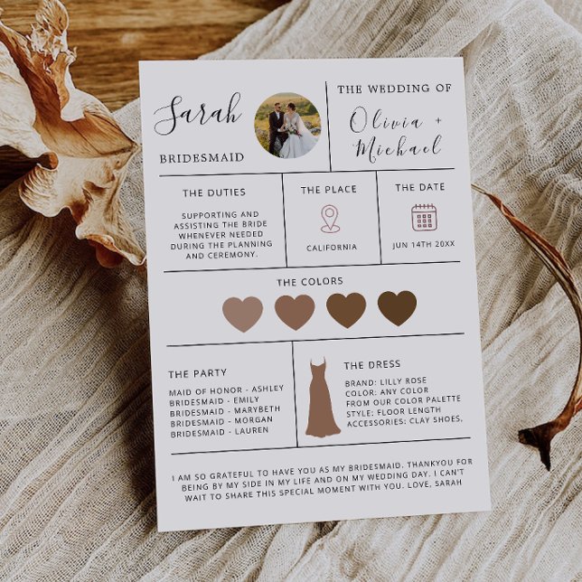 Tarjeta Informativa de Propuesta para Damas de Hon (Modern Bridesmaid Proposal Info Card, Invitation)